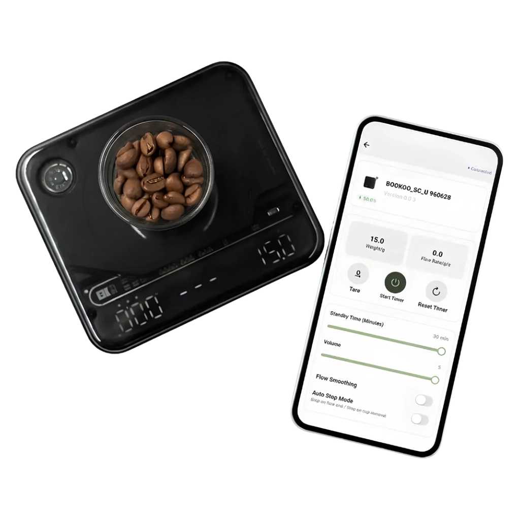 BOOKOO THEMIS Ultra Kaffeewaage in Schwarz mit Kaffeebohnen und Smartphone-App zur Anzeige von Gewicht, Timer und Durchflussrate
