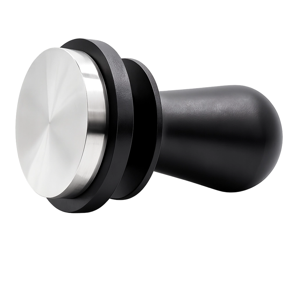 Kaffeemacher Tamper 51 mm in Schwarz mit flacher Edelstahlbasis in seitlicher Detailansicht