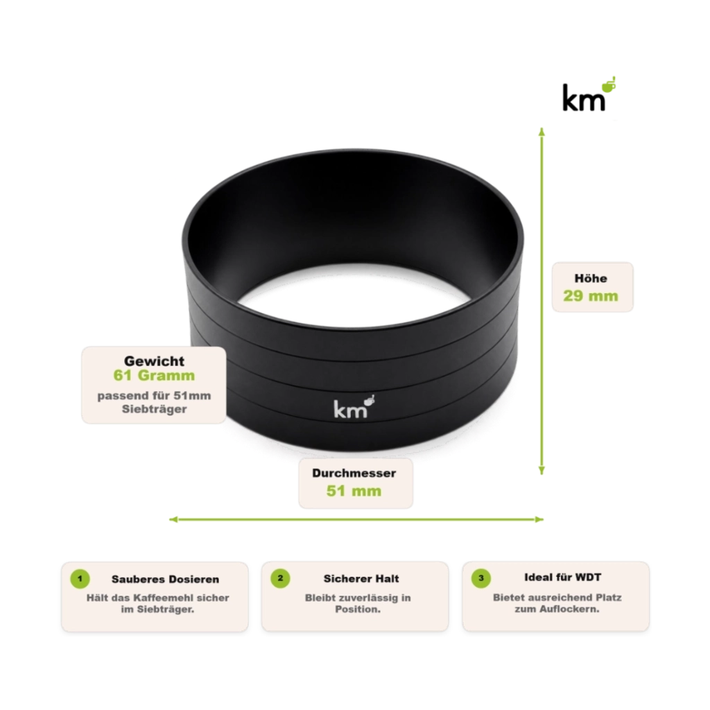 Dosierring 51 mm für Siebträger, 29 mm hoch und 61 g schwer, für sauberes Dosieren und WDT