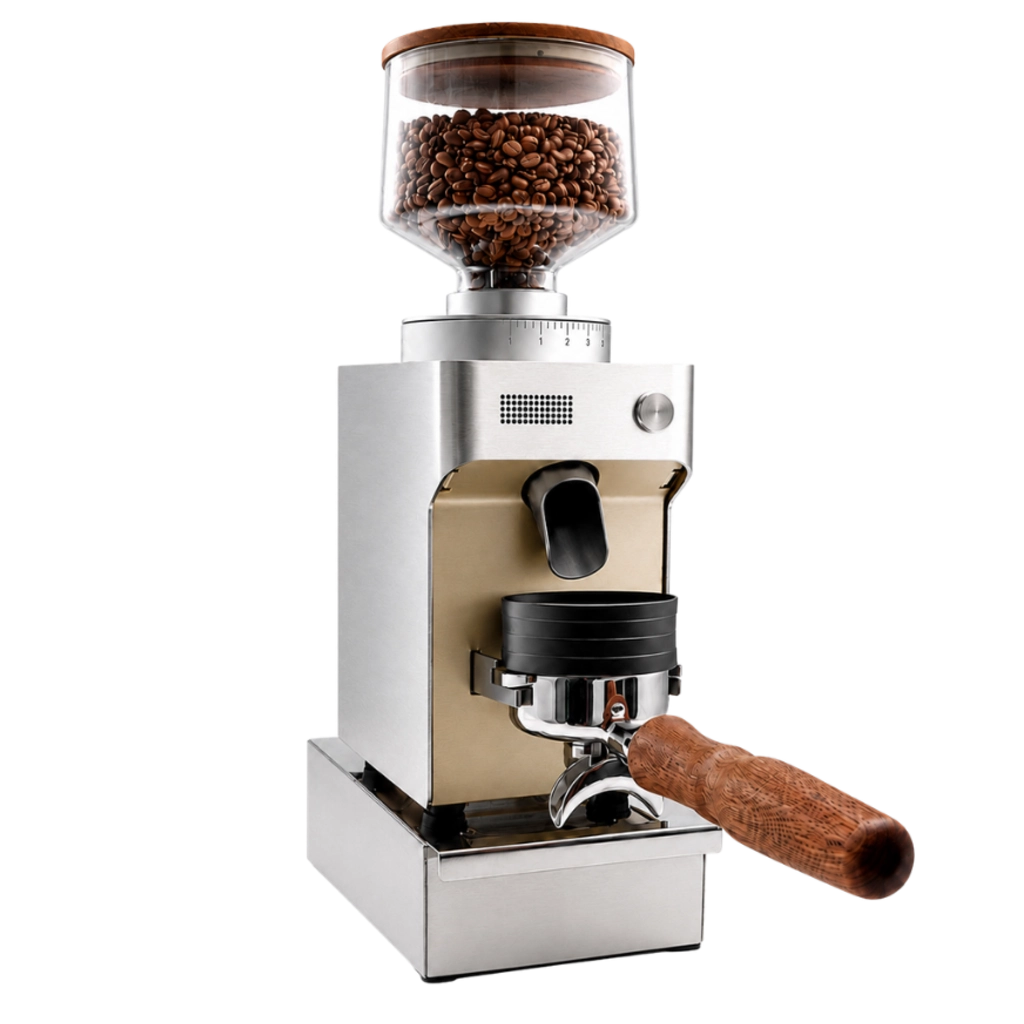 Kaffeemacher Dosierring 58 mm in Schwarz auf einem Siebträger unter einer Espressomühle bei der Dosierung von Kaffeemehl