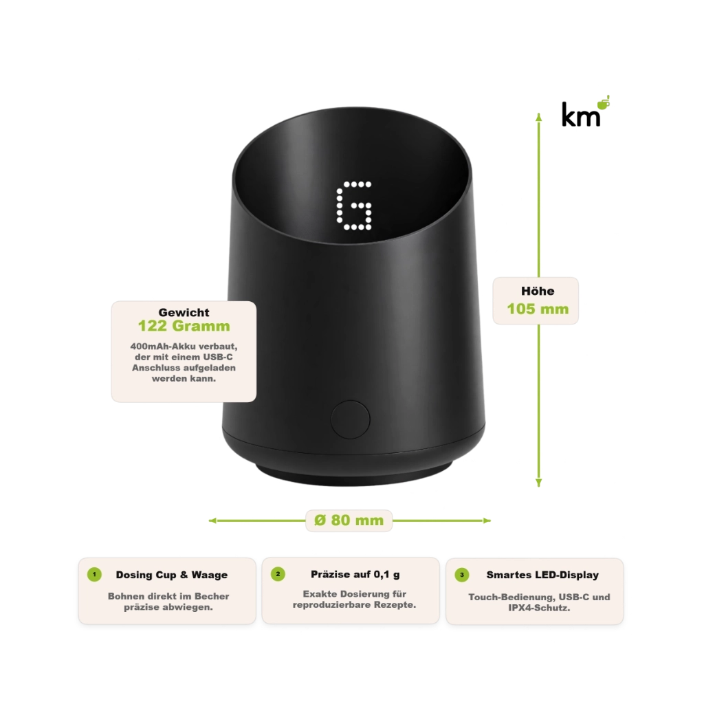 Subminimal Subscale Dosierbecher mit Waage – 105 mm Höhe, 80 mm Durchmesser, 122 g Gewicht und 0,1-g-Präzision