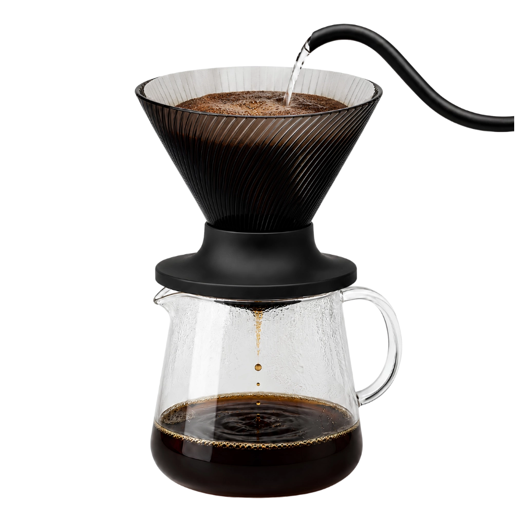 Hario V60 NEO Dripper in Schwarz bei der Pour-Over-Zubereitung mit Papierfilter und Glaskanne