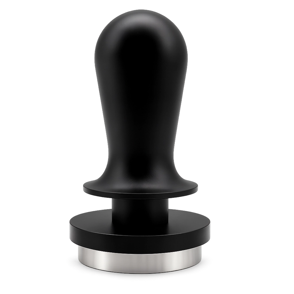 Kaffeemacher Tamper 51 mm in Schwarz mit flacher Edelstahlbasis als freigestellte Vorderansicht