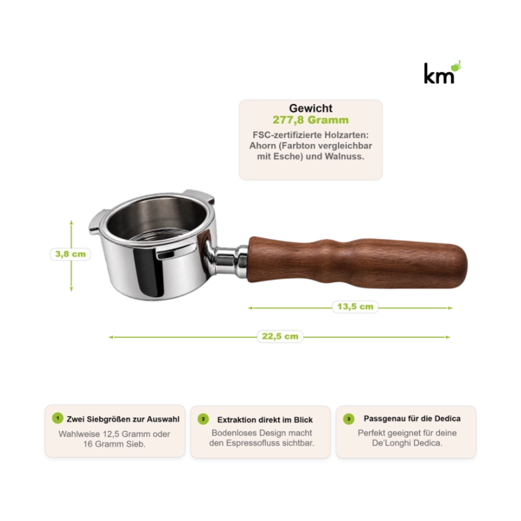 Kaffeemacher bodenloser Siebträger für De’Longhi Dedica mit Holzgriff, 22,5 cm Länge und 277,8 g Gewicht