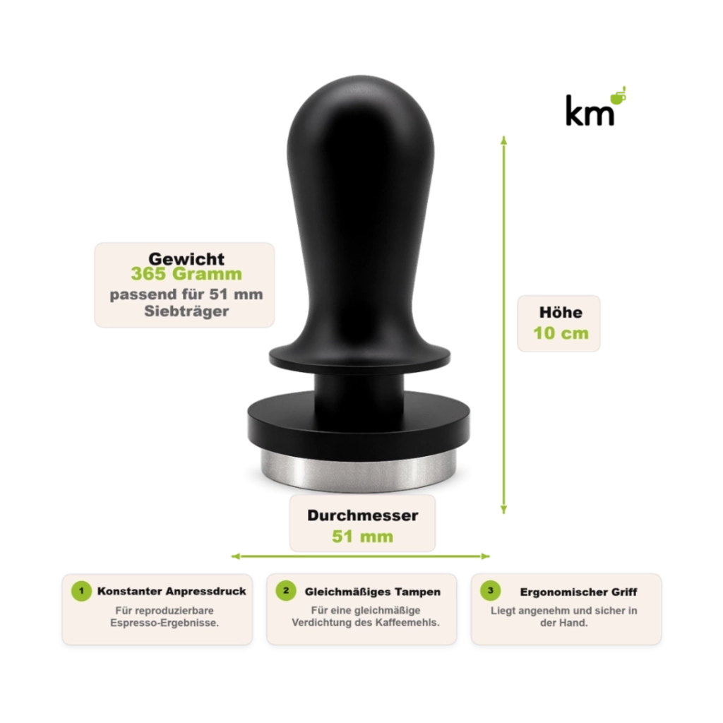 Druckregulierender Tamper mit 51 mm Durchmesser, 10 cm Höhe und 365 Gramm Gewicht für Siebträger