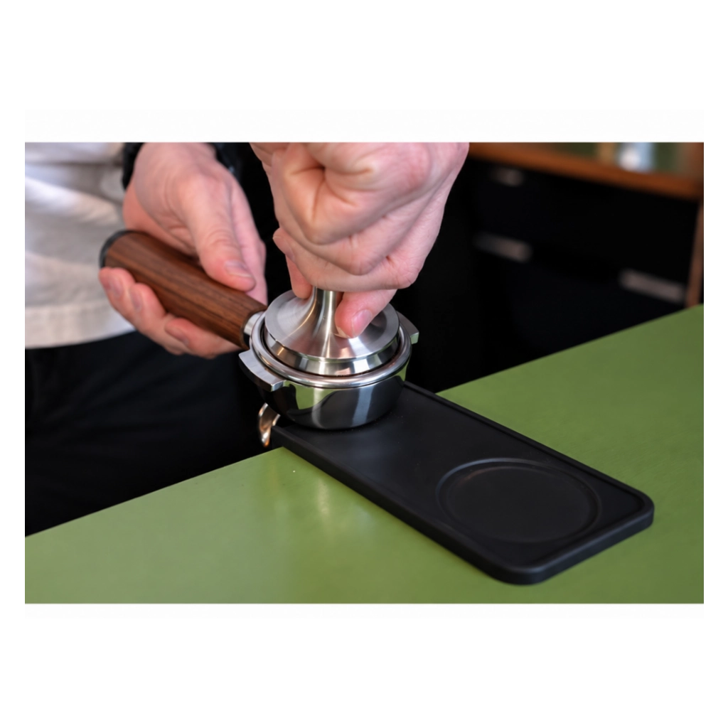 Kaffeemacher schmale Tamping-Matte in Schwarz beim Verdichten von Kaffeemehl im Siebträger mit einem Edelstahl-Tamper